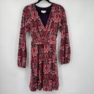 Maeve By Anthropologie Womens Red Paisley V Neck Wrap Midi Belted Dress Medium